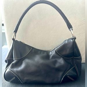 PRADA BLACK LEATHER authentic purse, silver hardware, contrast saddle stitching.